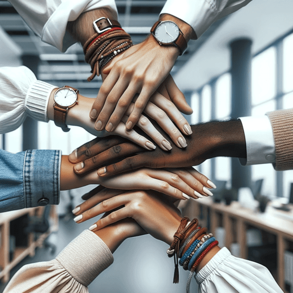 Diverse hands united, adorned with wrist accessories, against an office backdrop.